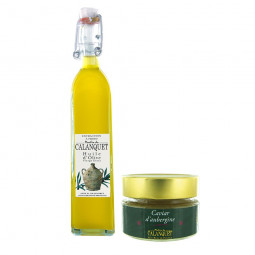 Entdeckung Beutel Olivenöl und Auberginenkaviar